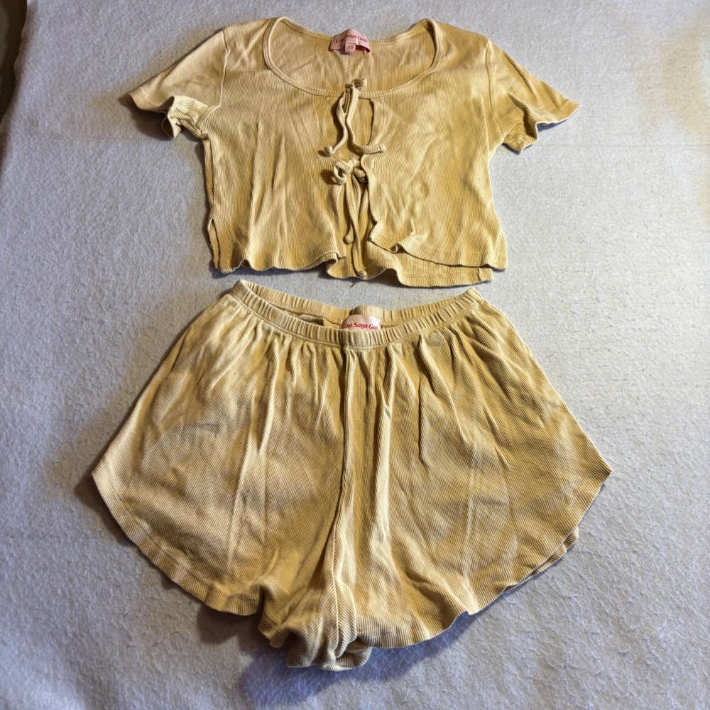 Lisa Says Gah Ribbed Knit Crop Top & Shorts Set Yellow XS M